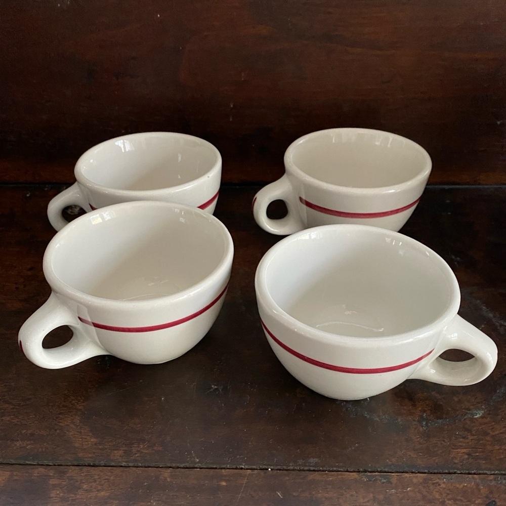 Vintage diner cups red stripe set of 4 Sterling Vitrified China Liverpool Ohio